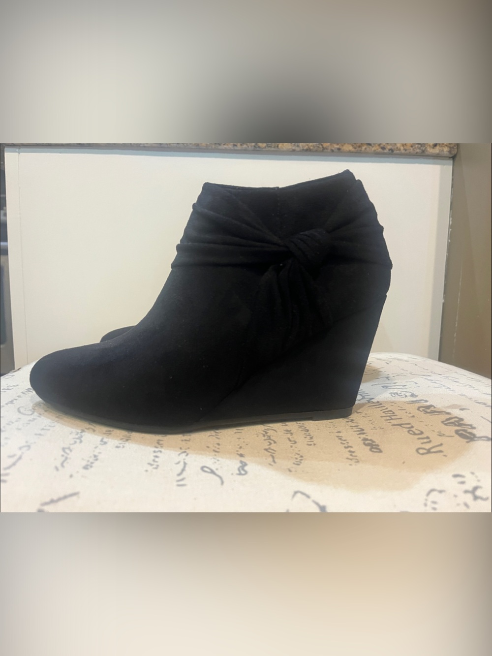CCM Black Suede Wedge Ankle Boot with Knotted Detail